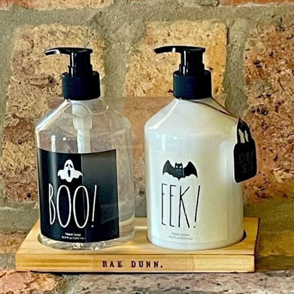 Rae Dunn BOO! & EEK! Soap & lotion set In Pumpkin Season Sent with Wooden Tray